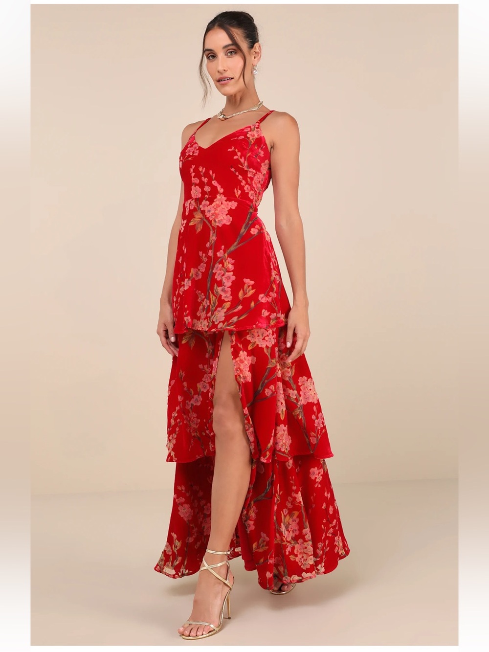 Lulus I Love You Amore Red Floral Velvet Tiered Maxi Dress FLAWED